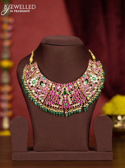 Jadau necklace with kemp jadau kundan stones and green beads hangings