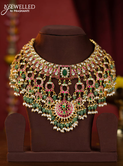 Jadau choker with kemp jadau kundan stones and pearl & mint green beads hangings