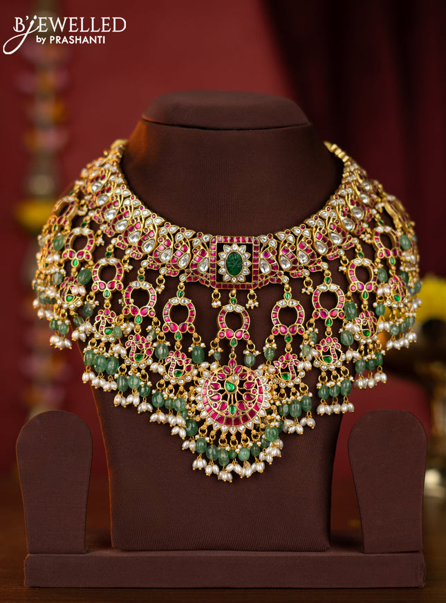 Jadau choker with kemp jadau kundan stones and pearl & mint green beads hangings