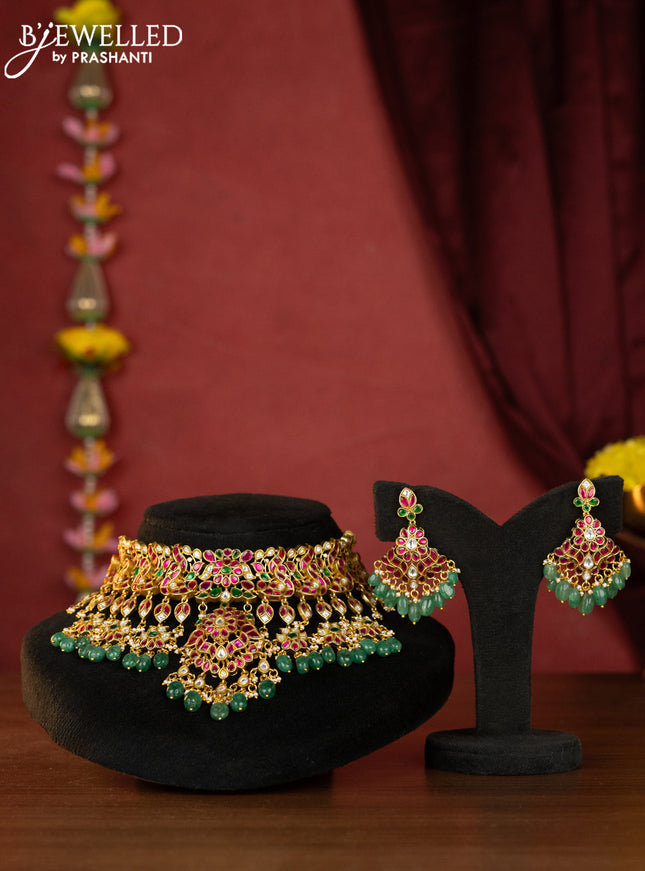 Jadau choker peacock design with kemp jadau kundan stones and pearl & green beads hangings