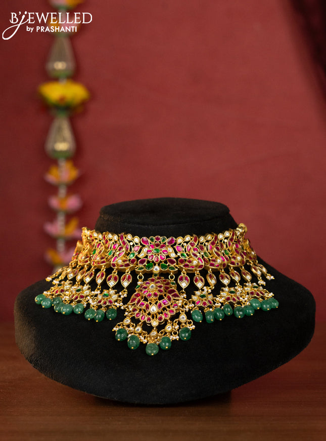 Jadau choker peacock design with kemp jadau kundan stones and pearl & green beads hangings