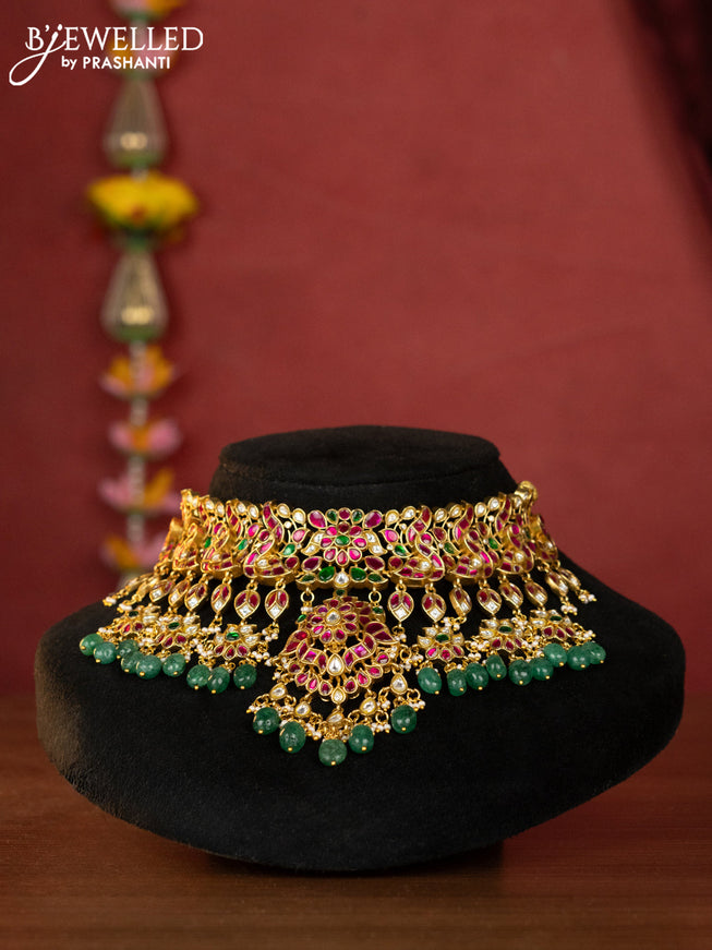 Jadau choker peacock design with kemp jadau kundan stones and pearl & green beads hangings