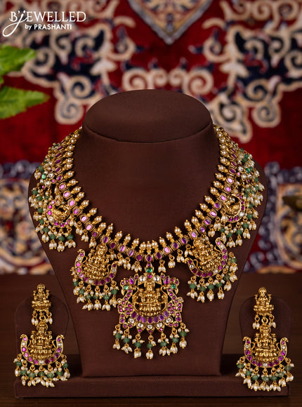 Antique guttapusalu necklace lakshmi design with kemp & kundan stones and pearl & beads hangings