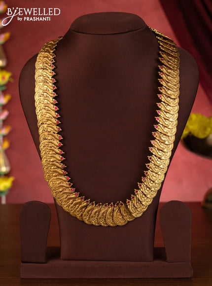 Jadau haaram with lakshmi kasu design and pink jadau stones
