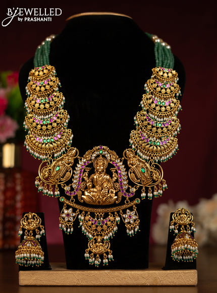 Antique beaded haaram lakshmi pendant with kemp & kundan stones and pearl hangings
