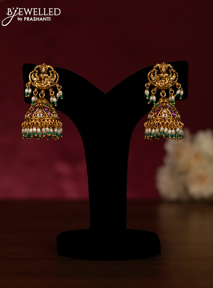 Antique beaded haaram lakshmi pendant with kemp & kundan stones and pearl hangings