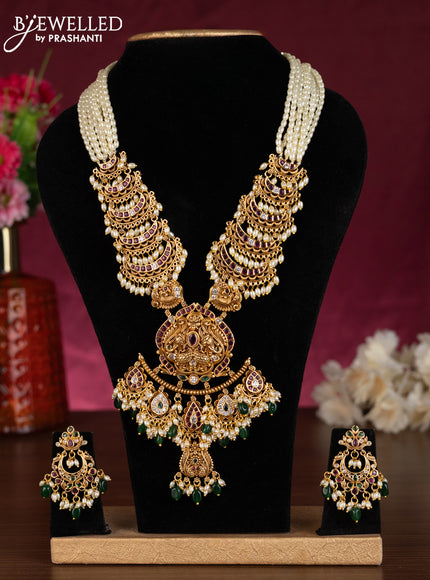 Pearl necklace elephant pendant with kemp & cz stones and pearl & green beads hangings