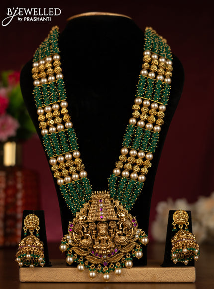 Beaded green haaram lakshmi pendant with ruby & kundan stones and pearl hangings