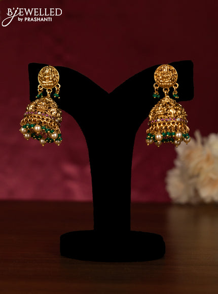 Beaded green haaram lakshmi pendant with ruby & kundan stones and pearl hangings
