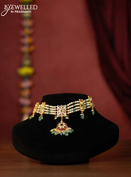Beaded choker with jadau kundan stones and mint green beads hangings