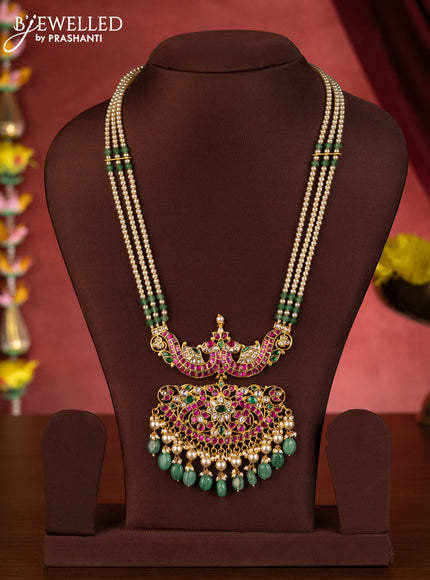 Jadau haaram with double peacock floral pendant in jadau kundan stones