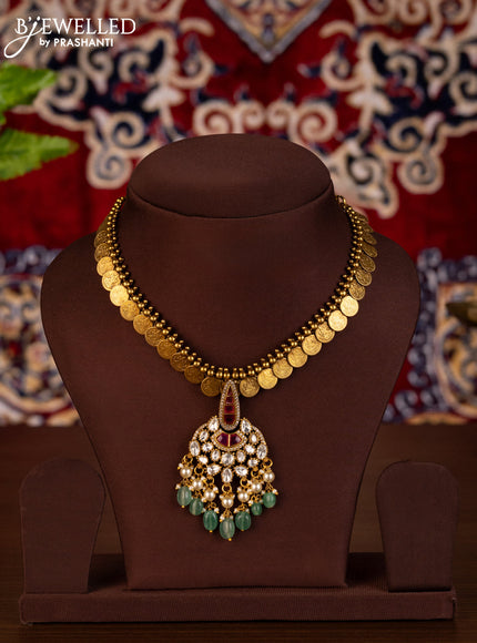Antique Necklace lakshmi kaasu design with kemp and kundan stone pendant