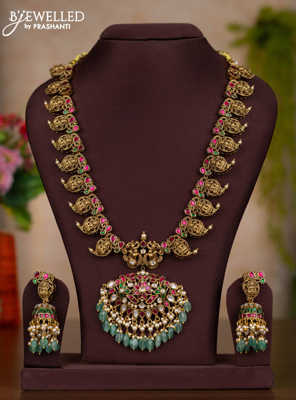 Jadau haaram lakshmi & manga pattern with kemp jadau kundan stones and pearl & green beads hangings