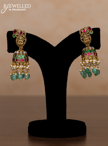 Jadau haaram lakshmi & manga pattern with kemp jadau kundan stones and pearl & green beads hangings