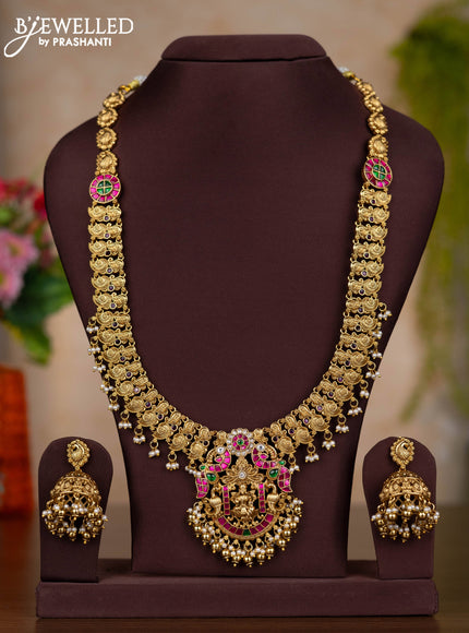 Jadau haaram lakshmi design with kemp jadau kundan stones and pearl & golden beads hangings