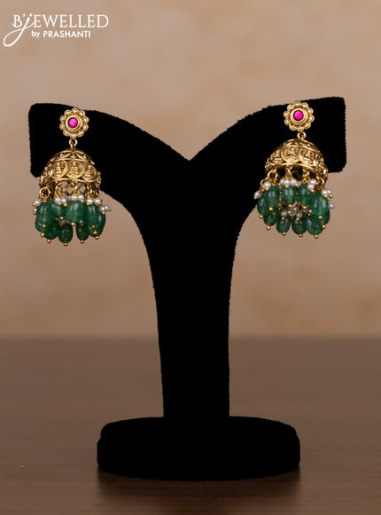 Jadau haaram lakshmi kasu design with kemp jadau kundan stones and pearl & green beads hangings