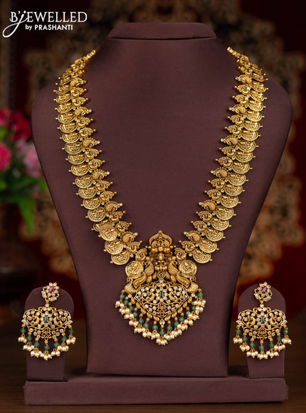 Antique haaram lakshmi kasu design with kemp & cz stones and pearl & mint green beads hangings