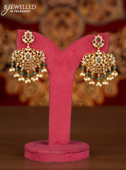 Antique haaram lakshmi kasu design with kemp & cz stones and pearl & mint green beads hangings