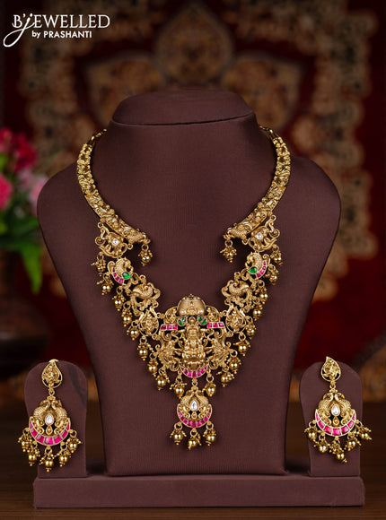 Antique necklace lakshmi design with kemp jadau kundan stones and golden beads hangings