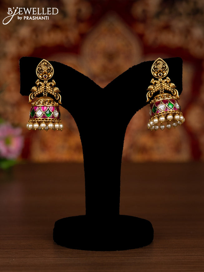Antique jhumkas peacock design with kemp jadau kundan stones and pearl hangings