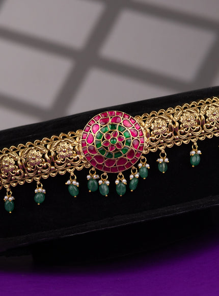 Antique hip belt floral design with kemp jadau stones and pearl & green beads hangings