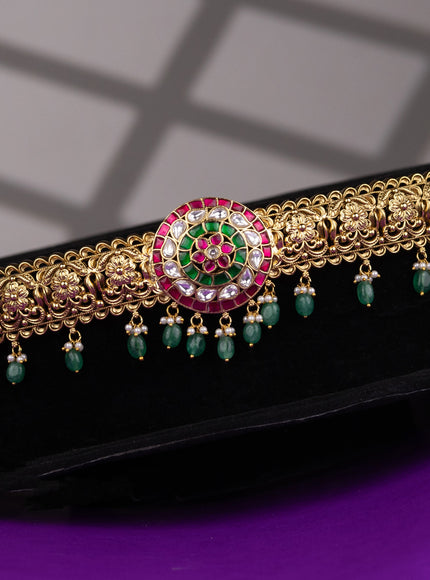 Antique hip belt floral design with kemp jadau kundan stones and pearl & mint green beads hangings