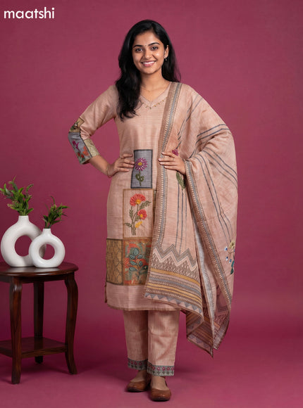 Beige Linen Cotton Floral Printed Straight Suit