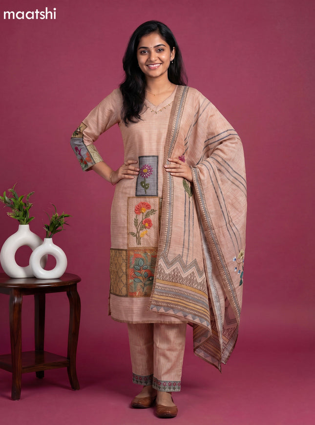 Beige Linen Cotton Floral Printed Straight Suit