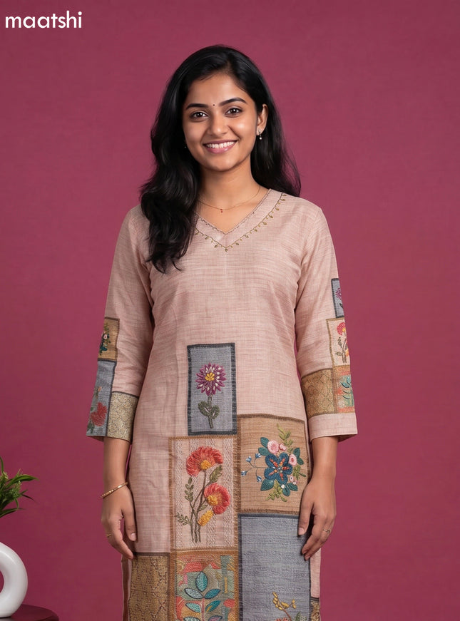 Beige Linen Cotton Floral Printed Straight Suit