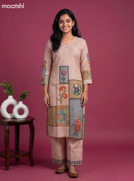 Beige Linen Cotton Floral Printed Straight Suit