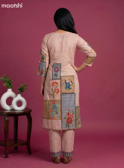 Beige Linen Cotton Floral Printed Straight Suit