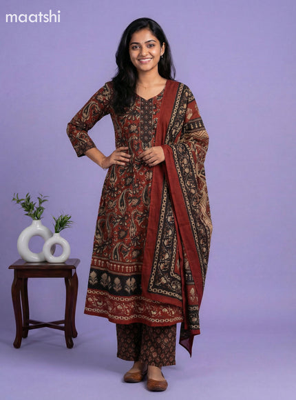 Dark Rust and Black Cotton Kalamkari Printed & Simple Embroidery Work Anarkali Suit