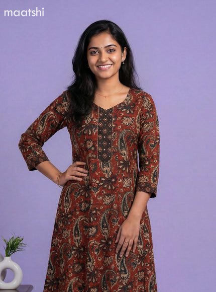 Dark Rust and Black Cotton Kalamkari Printed & Simple Embroidery Work Anarkali Suit