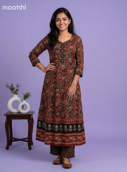 Dark Rust and Black Cotton Kalamkari Printed & Simple Embroidery Work Anarkali Suit