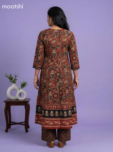 Dark Rust and Black Cotton Kalamkari Printed & Simple Embroidery Work Anarkali Suit