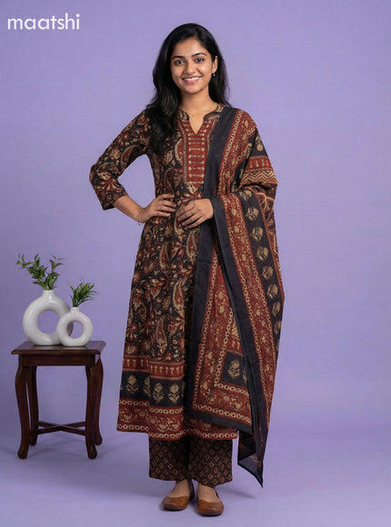 Black and Dark Rust Cotton Kalamkari Printed & Simple Embroidery Work Anarkali Suit