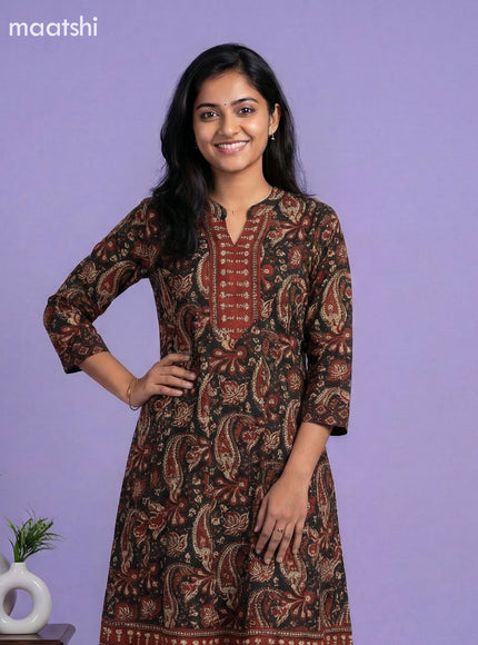 Black and Dark Rust Cotton Kalamkari Printed & Simple Embroidery Work Anarkali Suit