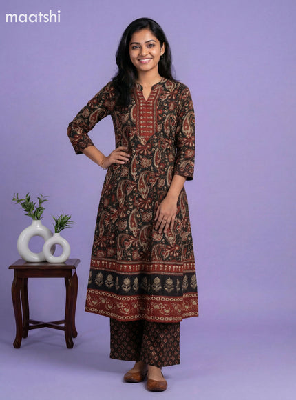 Black and Dark Rust Cotton Kalamkari Printed & Simple Embroidery Work Anarkali Suit