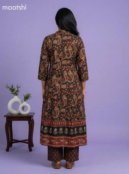 Black and Dark Rust Cotton Kalamkari Printed & Simple Embroidery Work Anarkali Suit