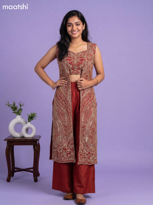 Dark Rust Party Wear Dress With Embroidery Work Indo Western Styles