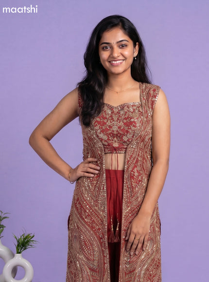 Dark Rust Party Wear Dress With Embroidery Work Indo Western Styles
