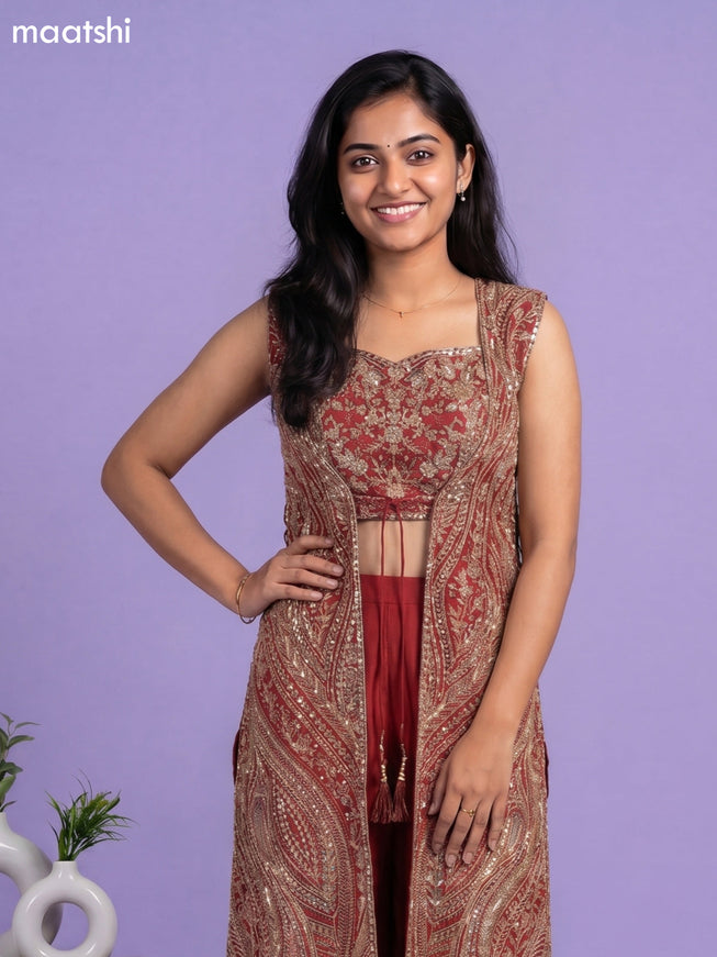 Dark Rust Party Wear Dress With Embroidery Work Indo Western Styles