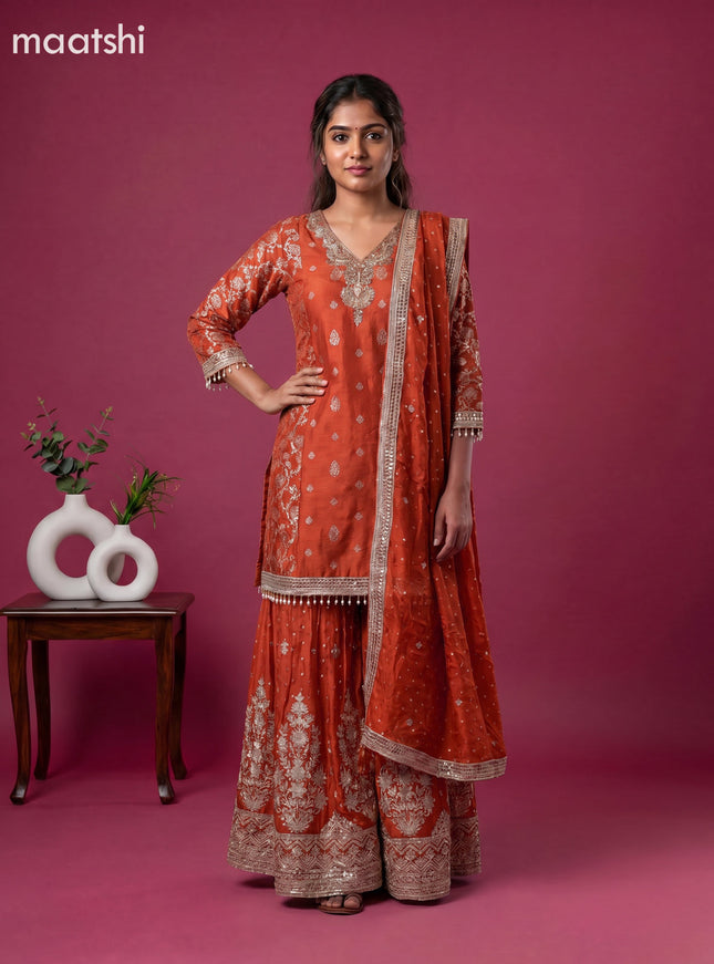 Dark Rust Art Tussar Embroidery Work Anarkali Suit