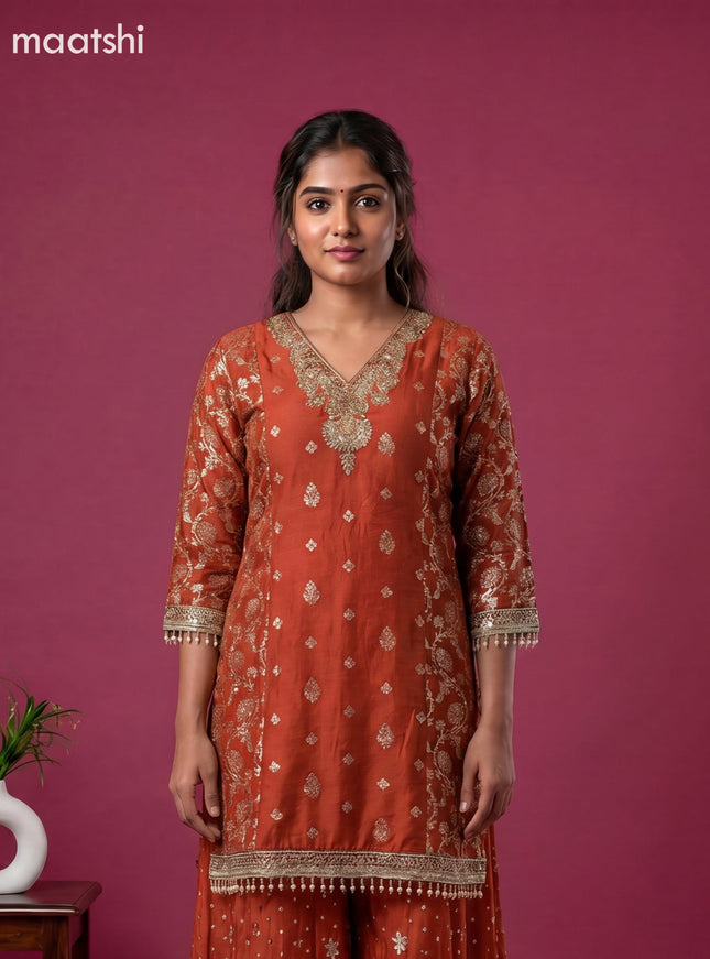 Dark Rust Art Tussar Embroidery Work Anarkali Suit