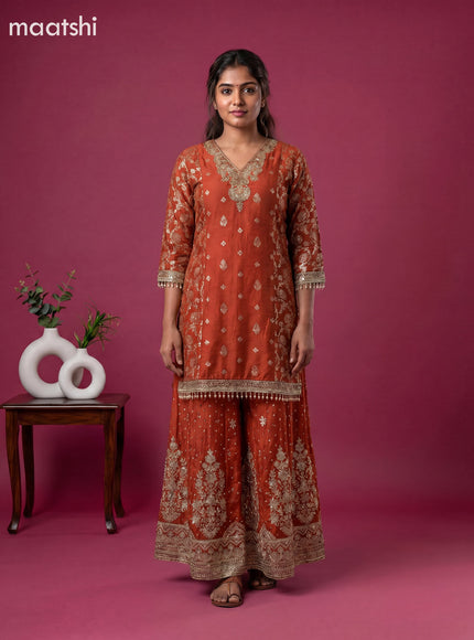 Dark Rust Art Tussar Embroidery Work Anarkali Suit