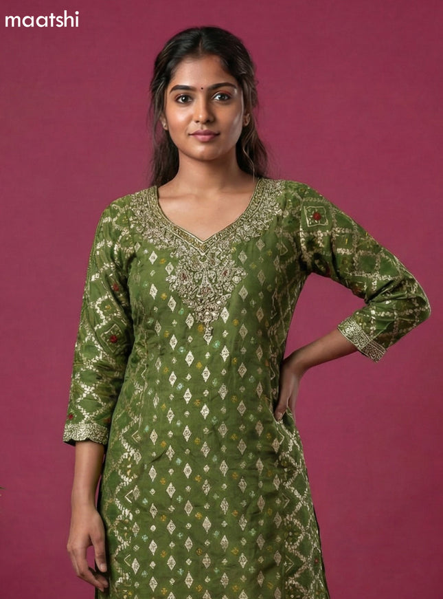 Dark Sap Green Chinnon Silk Embroidery Work Straight Suit
