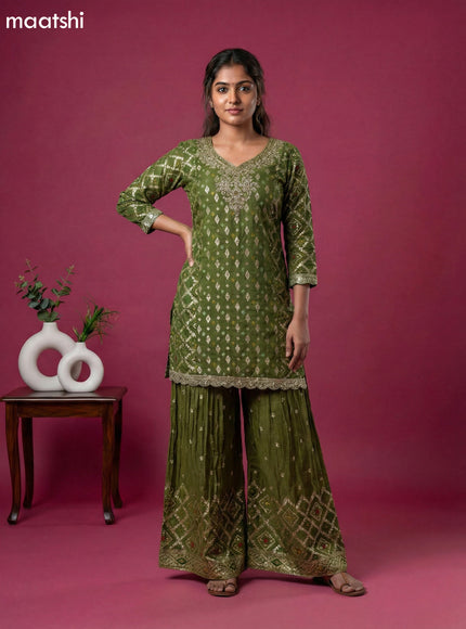 Dark Sap Green Chinnon Silk Embroidery Work Straight Suit