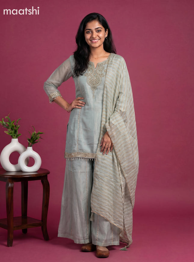 Pastel Blue Tissue Party Wear Embroidery Work Straight Suit