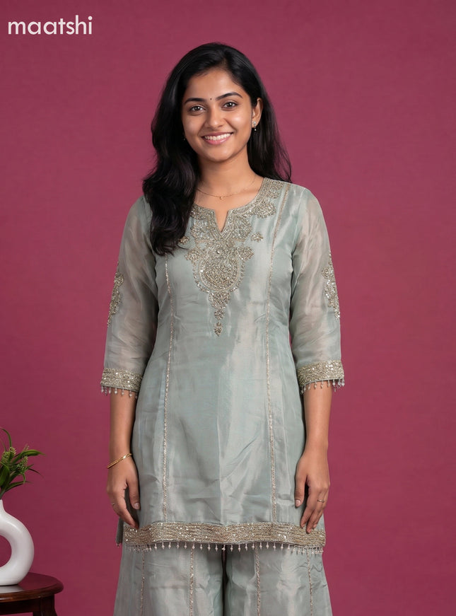 Pastel Blue Tissue Party Wear Embroidery Work Straight Suit