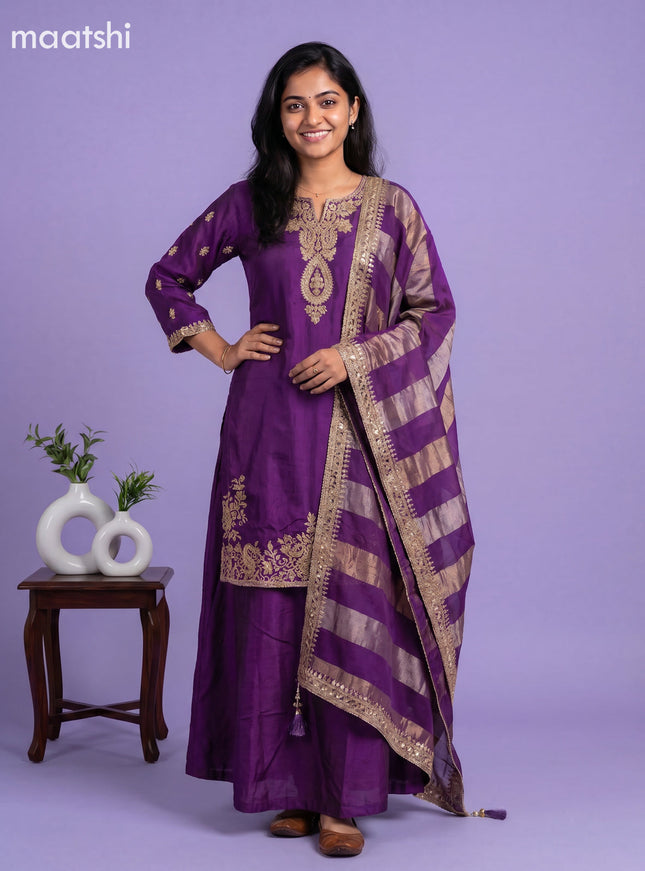 Violet Art Tussar Embroidery Work Straight Suit
